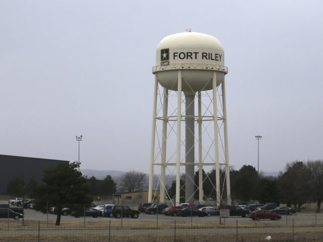 A water tower at Fort Riley, Kan., in a photograph taken in February. John T. Booker Jr. is accused of plotting a car bomb attack on the U.S. Army post. (Photo by Orlin Wagner/AP)