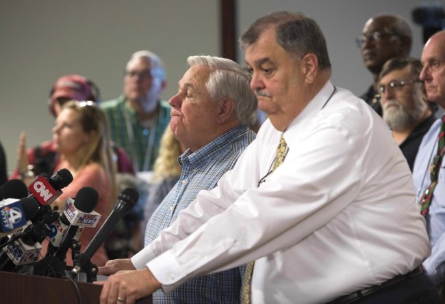 North Charleston Mayor R. Keith Summey, left, and Police Chief Eddie Driggers spoke Wednesday about a video that shows a white police officer fatally shot a fleeing black man after a traffic stop. (Photo by Jim Watson/AFP/Getty Images)