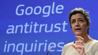 European Competition Commissioner Margrethe Vestager announces formal charges against Google, accusing the company of abusing its dominant position as Europe's top search engine. (Photo by John Thys/AFP/Getty Images)