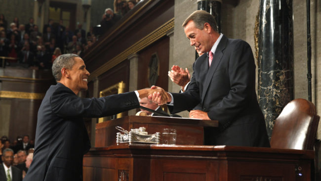 President Obama shakes Speaker John Boehner's hand before the start of a 2011 joint session of Congress. Pool/Getty Images