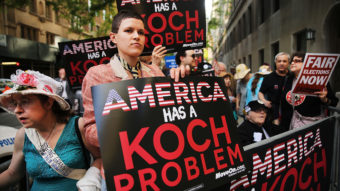 Can candidates courting billionaires count as corruption, even if there are no explicit strings attached? Some activists see the campaign contributions of the super-rich as a problem, regardless of whether "quid pro quo" deals are made. Here, activists protest the political influence of the wealthy Koch Brothers near David Koch's Manhattan apartment on June 5, 2 (Photo by Spencer Platt/Getty Images)