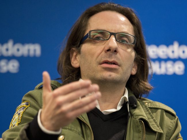 Jean-Baptiste Thoret, Charlie Hebdo's film critic, speaks at a news conference in Washington on May 1. Thoret will receive, on behalf of Charlie Hebdo, the PEN American Center's Freedom of Expression Courage Award in New York on Tuesday. Andrew Caballero-Reynolds/AFP/Getty Images