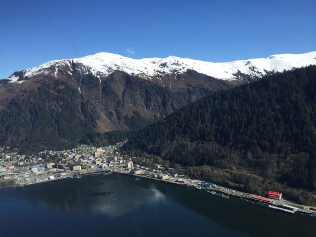 This photo was taken in the beginning of the month. Due to a warmer and dryer than normal May, the mountaintops are now a lot more bare. (Photo by Lisa Phu/KTOO)