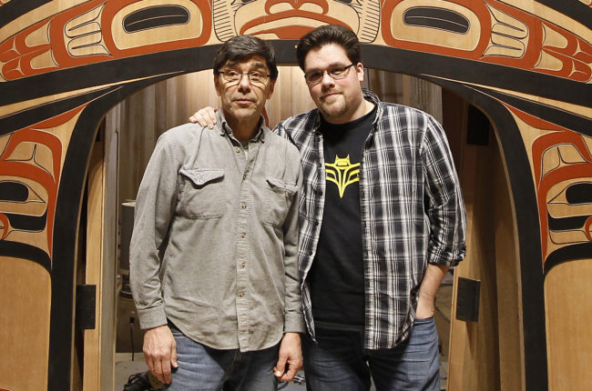 David A. Boxley (left) and son David R. Boxley collaborated on the Tsimshian clan house front. (Photo by Brian Wallace/Sealaska Heritage Institute)