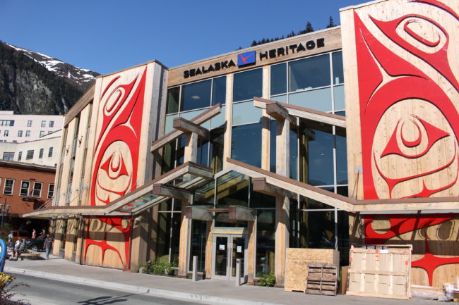 Haida artist Robert Davidson's metal panel "Greatest Echo" adorns the front of the Walter Soboleff Building. (Photo by Elizabeth Jenkins/KTOO) 