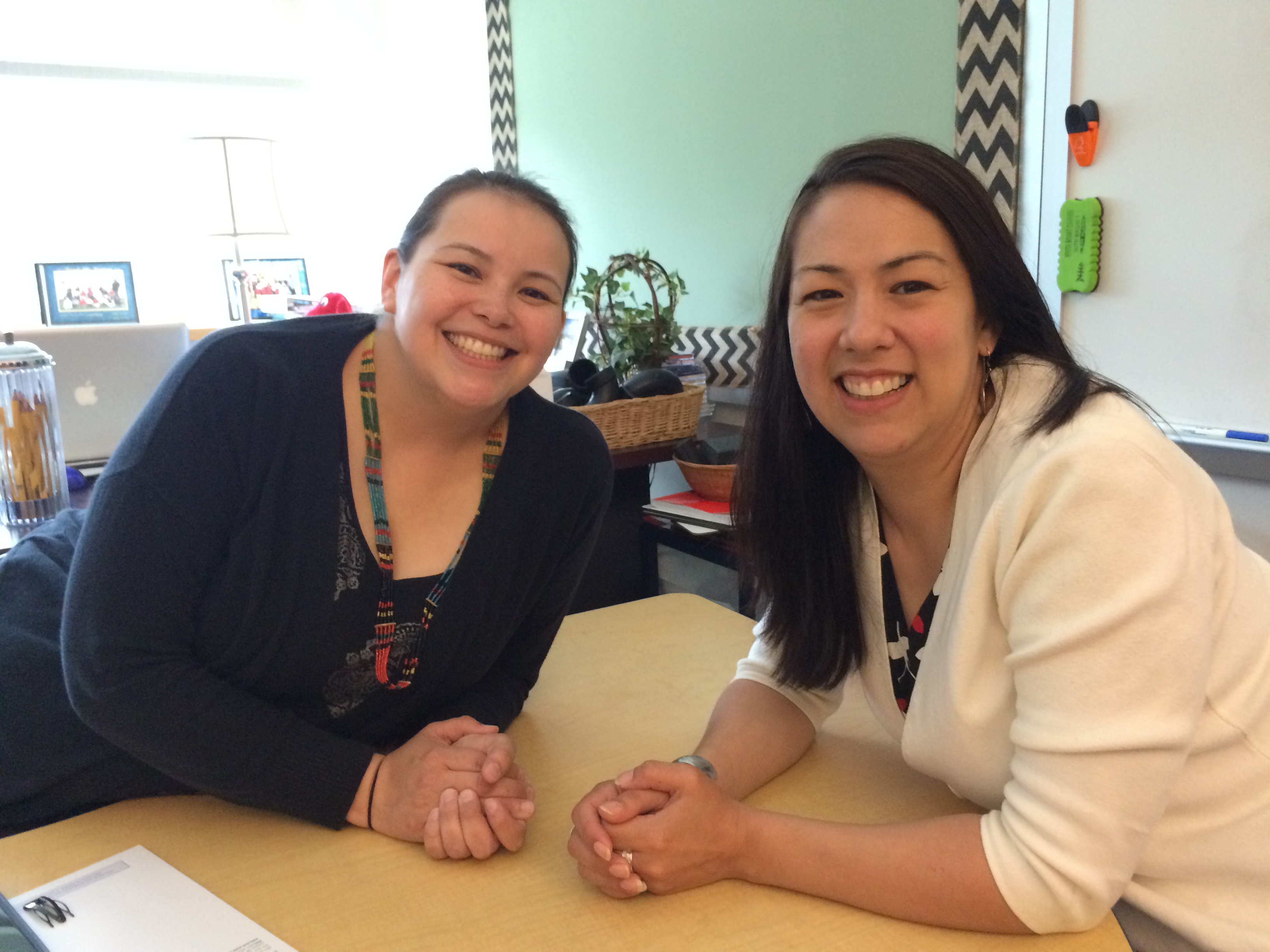 Jessica Chester (left) is a Tlingit language specialist that works in Eddy's classroom. Shgen George has been with the program since 2002 and teaches a combination fourth- and fifth-grade class. (Photo by Scott Burton/KTOO)