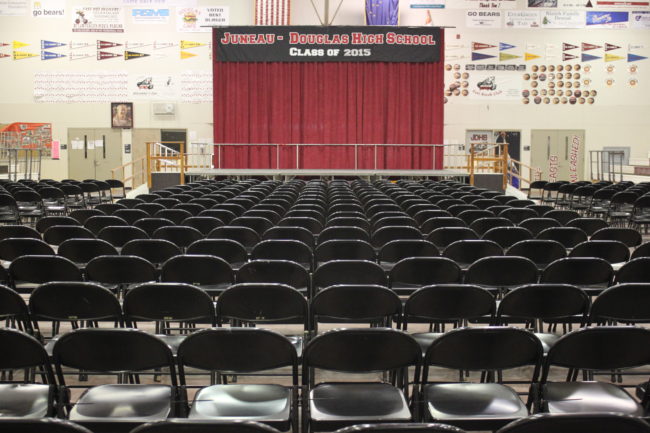 The gym at Juneau-Douglas High School is set up for graduating 160 students on Sunday. (Photo by Lisa Phu/KTOO)