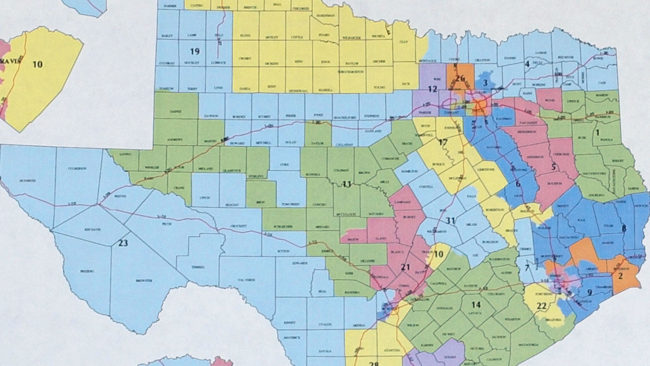 Part of Texas' congressional redistricting map from 2003. The lead plaintiffs in Evenwel v. Abbott are residents of a state Senate district in Texas who say their equal rights to representation are diluted because Texas equalized the districts in population terms and not in terms of eligible voters. Harry Cabluck/AP