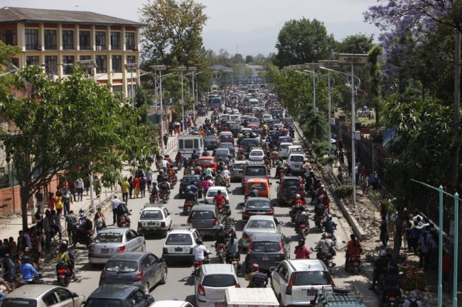 Traffic grinds to a halt Tuesday in Kathmandu, Nepal, after a second major earthquake hit in less than a month. (Photo by Bikram Rai/AP)