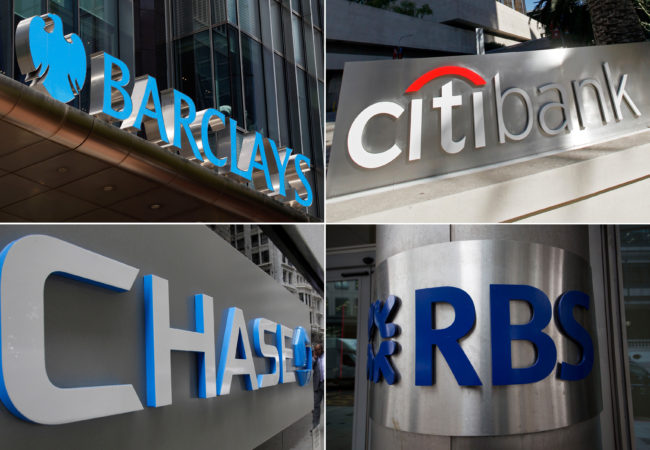 Clockwise from top left: Barclays, Citicorp, JPMorgan Chase and the Royal Bank of Scotland will pay billions in fines and plead guilty to criminally manipulating global currency market going back to 2007. The bank UBS AG (not pictured) has also agreed to plead guilty. Lefteris Pitarakis/Nick Ut/Kathy Willens/Matt Dunham/AP