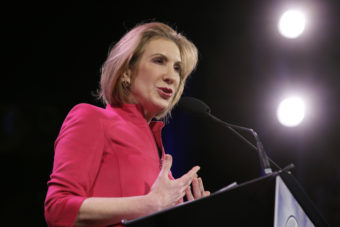 Carly Fiorina speaks in Des Moines, Iowa, in January. Fiorina is, so far, the lone Republican woman eying the White House. (Photo by Charlie Neibergall/AP)