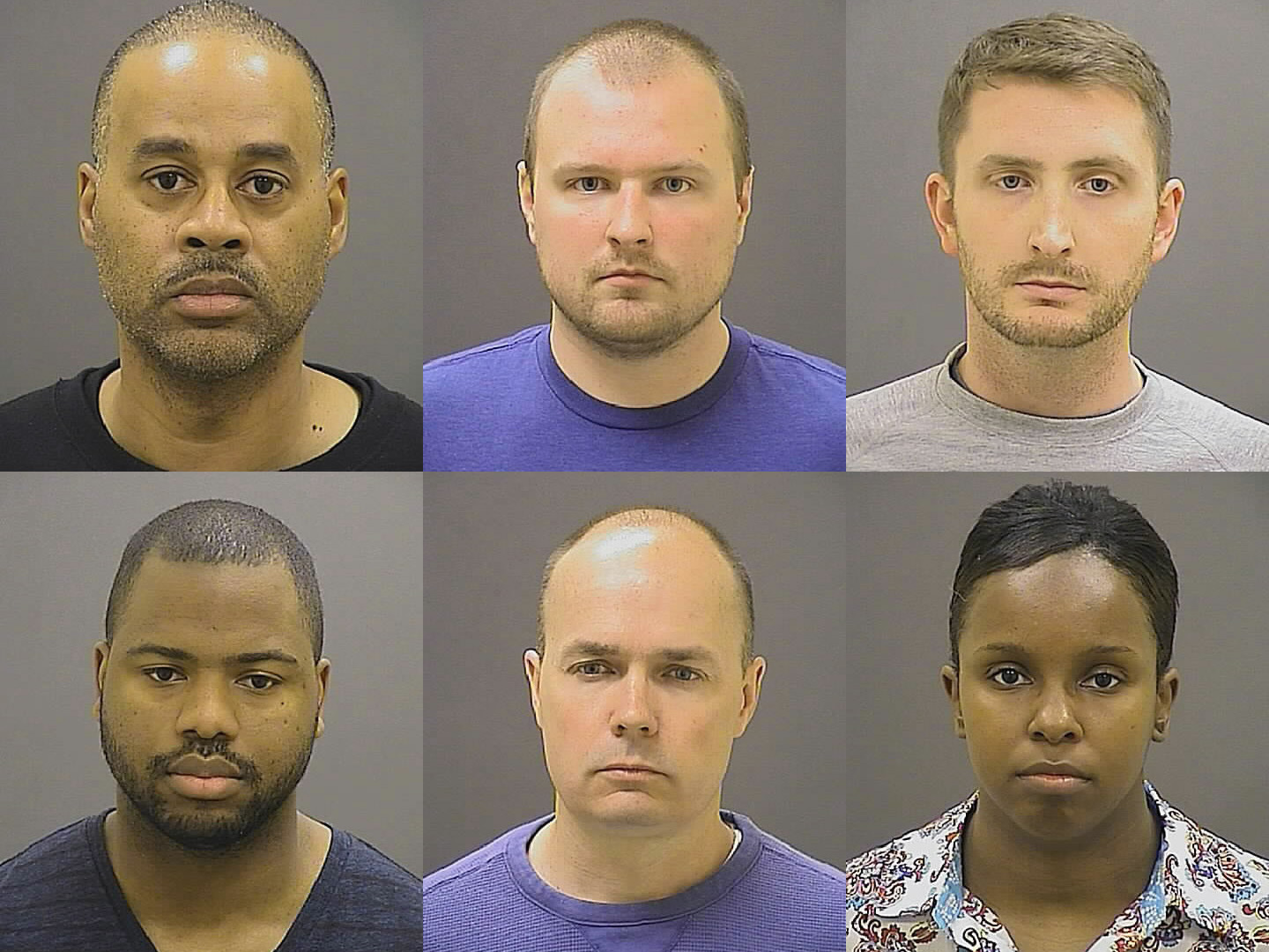 A photo provided by the Baltimore Police Department on Friday shows, top row from left, Caesar R. Goodson Jr., Garrett E. Miller and Edward M. Nero, and bottom row from left, William G. Porter, Brian W. Rice and Alicia D. White, the six police officers charged with felonies ranging from assault to murder in the death of Freddie Gray (Photo courtesy Uncredited/AP)