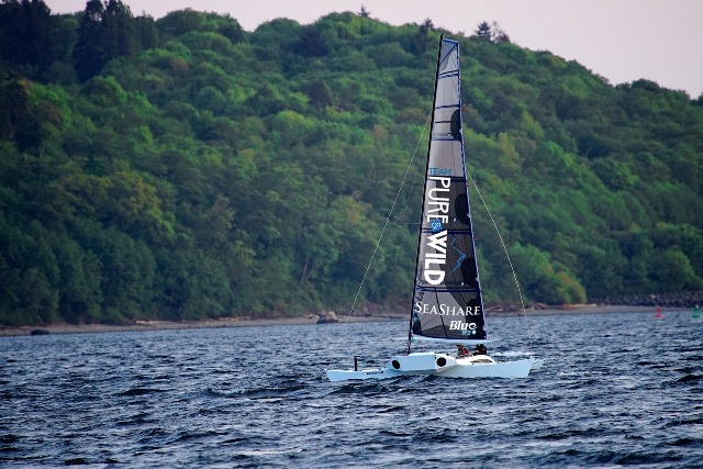 Team Pure & Wild testing their brand new proa on Puget Sound. (Photo courtesy of Peter Howland Team Pure & Wild)