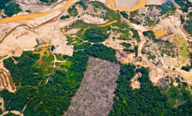 An aerial photo shows the environmental destruction in the wake of illegal gold mining in the Peruvian Amazon. Courtesy of Gregory Asner, Carnegie Institution for Science