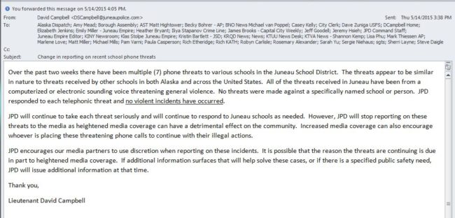 Email from Lt. David Campbell saying that JPD will no longer inform media of threatening phone calls made to schools.