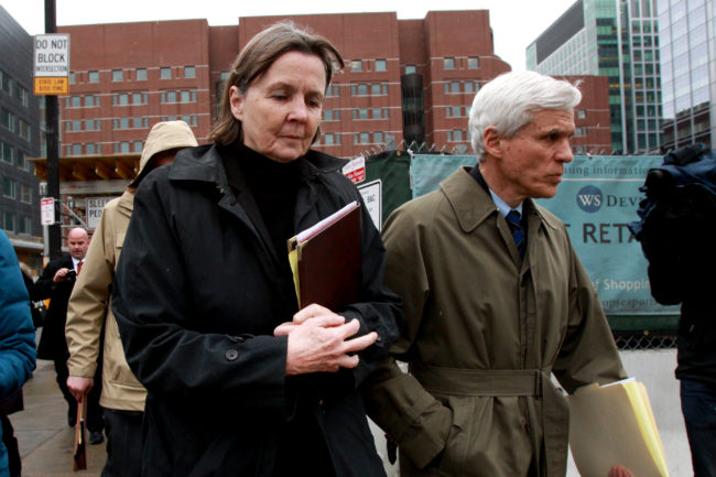 Judy Clarke and David Bruck, Dzhokhar Tsarnaev's defense attorneys, leave the Moakley federal courthouse on April 8 after their client was found guilty. John Blanding/The Boston Globe via Getty Images