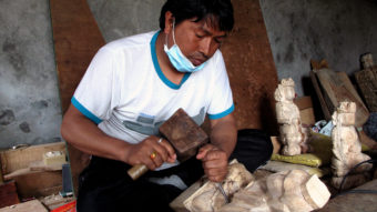 Master carvers like Ratna Muni Brahmacharya are in a position to play a key role in restoring Nepal's many damaged temples and monuments (Photo by Julie McCarthy/NPR)