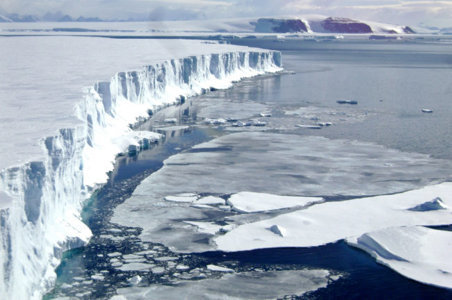 A 2008 view of the leading edge of the Larsen B ice shelf, extending into the northwest part of the Weddell Sea. Huge, floating ice shelves that line the Antarctic coast help hold back sheets of ice that cover land. Mariano Caravaca /Reuters