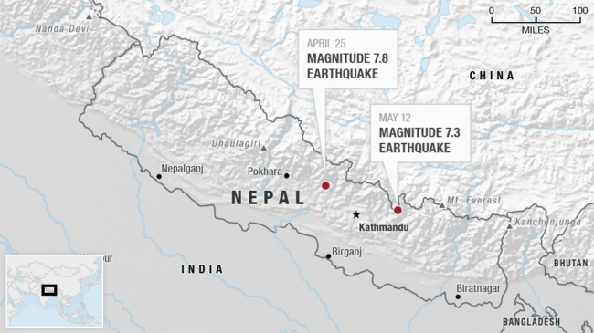 Map of Nepal showing the location of the two earthquakes