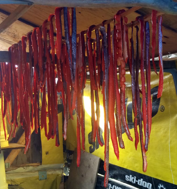 Salmon strips drying on a rack in Bethel, 2015. (Photo by Daysha Eaton)