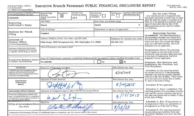 President Barack Obama's 2014 Financial Disclosure Report whitehouse.gov
