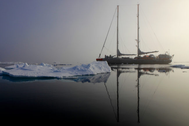 The Tara expedition spent three years sailing around the world on this 110-foot schooner. Here, it is seen in the Arctic. A. Deniaud/Tara Expeditions