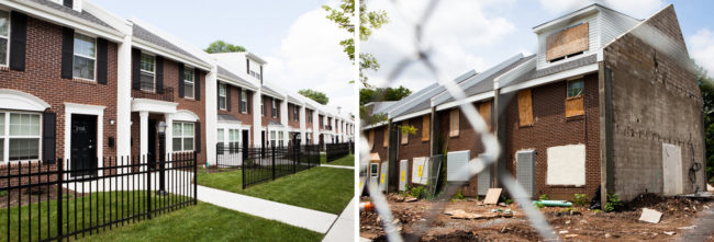 At left are the newly renovated Chadwick Avenue town-home apartments in Newark, where Bertha Martin moved in this year. At right, the second half of the Chadwick Avenue Village apartments stand boarded up and vacant across the street. Alex Welsh for NPR