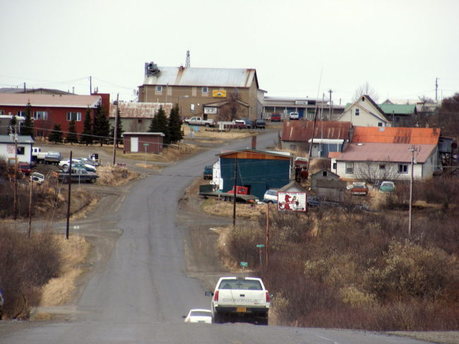 A westward view of downtown Naknek in the summer. (Creative Commons photo by Todd Arlo)