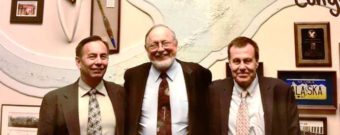 U.S. Rep. Don Young poses in his office with Sealaska board member Richard Rinehart, right, and landless spokesman Leo Barlow, left. Barlow and Reinhart were lobbying for Young's landless Natives legislation. (Photo courtest Don Young's office.)