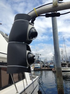 The EM cameras on the Magia, Steven Rhoads’ 55-foot longliner, are mounted on an outrigger boom. “I would pay to have electronic monitoring every day, rather than be selected to carry a human observer,” Rhoads told the council. (Photo by Robert Woolsey/KCAW)