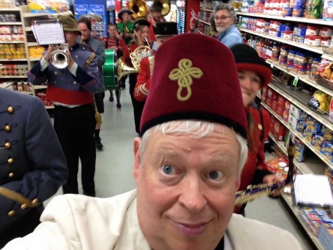 A selfie shot while the New Old Time Chautauqua band  marches through a Wrangell supermarket, June 25, 2015. (Photo by Eben Sprinsock/New Old Time Chautauqua)