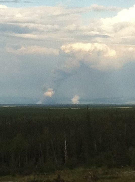 Smoke columns from Healy Lake wildfires Tuesday night. (Photo courtesy of the Alaska Division of Forestry)