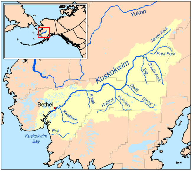 Map of the Kuskokwim River watershed. (Creative Commons image by Kmusser)
