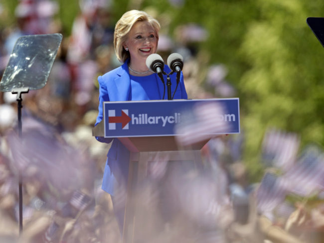 Democratic presidential candidate, former Secretary of State Hillary Clinton speaks to supporters Saturday on Roosevelt Island in New York. (Photo by Frank Franklin II/AP)