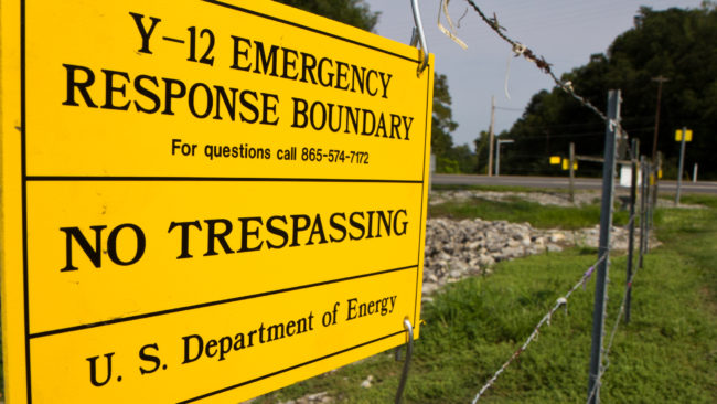 A sign warns against trespassing onto the Y-12 National Security Complex in Oak Ridge, Tenn. Sister Megan Rice and two other anti-war protesters cut through three fences and spray-painted slogans on the wall of a weapons-grade uranium facility in 2012. Erik Schelzig/AP
