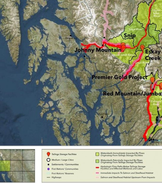 This map, found in the FNMEC report, shows potential contaminant flow paths from B.C. tailings dams into Southeast Alaska waters.