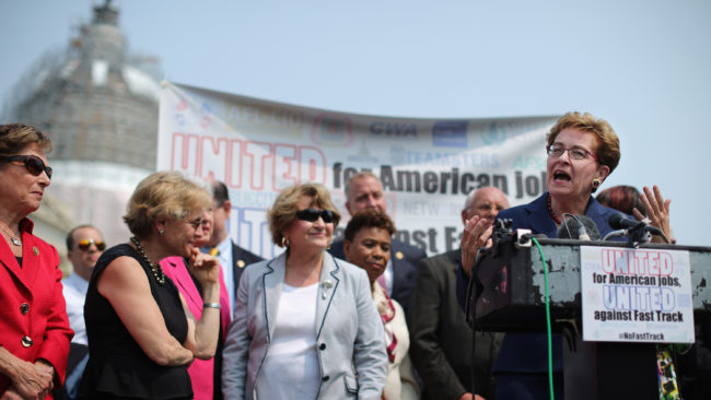 Rep. Marcy Kaptur, D-Ohio, and fellow Democratic members of Congress hold a news conference to voice their opposition to the Trans-Pacific Partnership trade deal. Chip Somodevilla/Getty Images