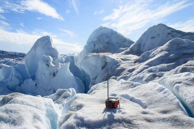 One of the 20 GPS sensors deployed on Greenland's Helheim Glacier to track its movement. Alistair Everett/Swansea University