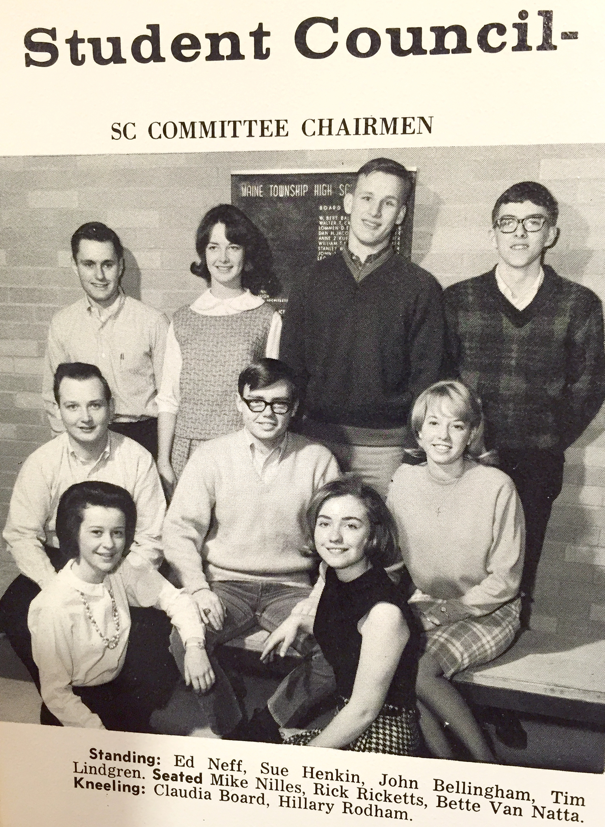 Hilary Rodham Clinton (bottom, right) pictured as part of the student council in a high school yearbook. (Photo by Tamara Keith/NPR)