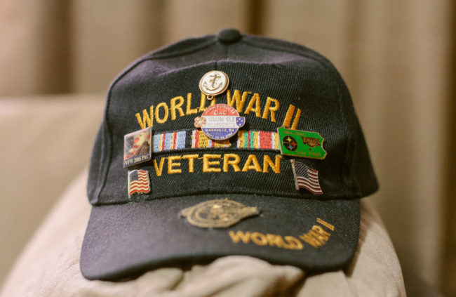 The favorite hat of Harry Bollinger, 88, a World War II Navy veteran who was a participant in secret military experiments that exposed him to mustard gas, causing long-term health problems. Kristian Thacker for NPR