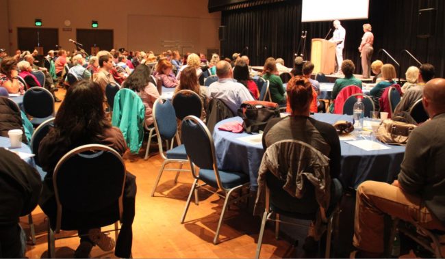 The first day of the conference, "Trauma and Suicide: Breaking the Link," attracted about 185 participants, mostly from Juneau. All the sessions take place at Centennial Hall and continue into Friday. (Photo by Lisa Phu/KTOO)