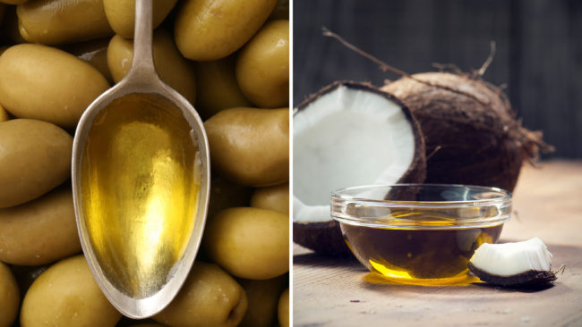 On the left, olive oil, which is low in saturated fat and high in more monounsaturated fat, which may lower bad cholesterol levels. On the right, coconut oil, which is 90 percent saturated fat and may raise bad cholesterol levels. iStockphoto