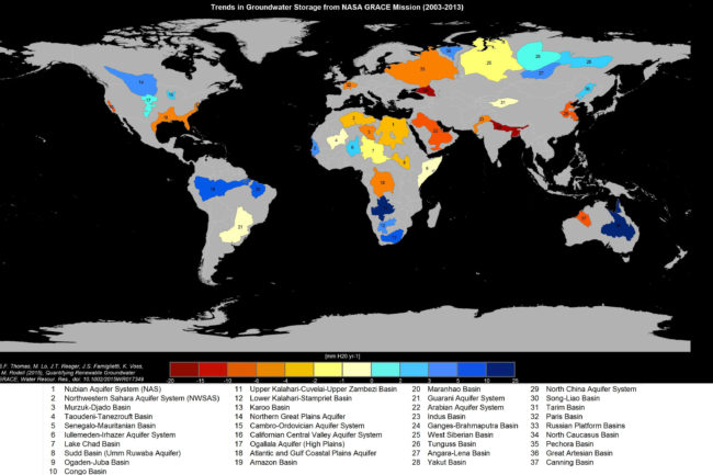 Roughly a third of the world's 37 largest aquifers are under stress, according to a new study. (Graphic courtesy of UC Irvine / NASA)