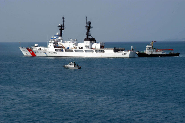 The U.S. Coast Guard Cutter Sherman (WHEC 720) leaves the White Beach Naval Facility, Okinawa in 2006. (Public domain photo by Senior Chief Journalist Melinda Larson)
