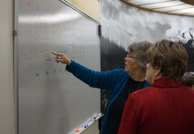 City Manager Kim Kiefer charts out one solution to gradually raise the eligibility age for the senior sales tax exemption with Assemblywoman Mary Becker. (Photo by Jeremy Hsieh/KTOO)