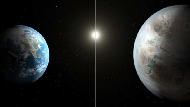 Artist's concept compares Earth (left) to the new planet, called Kepler-452b, which is about 60 percent larger in diameter. NASA/JPL-Caltech/T. Pyle