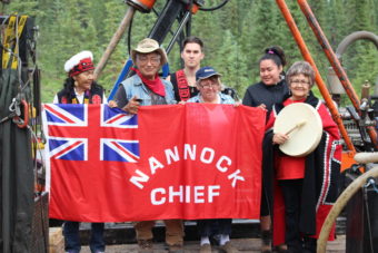 Tahltan First Nation elders and other tribal members protest exploratory drilling at the Doubleview Hat prospect site. It's on a tributary of the Taku River. (Photo courtesy Tahltan Central Council)