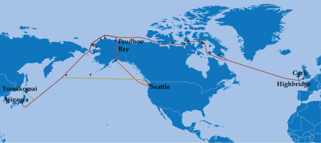 Arctic Fibre plans to route its 10,000-mile-long cable linking Great Britain to Japan along the coast of northern Canada and Alaska. (Image courtesy of Arctic Fibre)