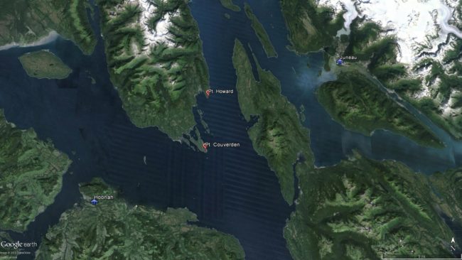 Wings of Alaska flight 202 from Juneau to Hoonah has crashed on land, according to a 3 p.m. Coast Guard broadcast. The plane is reported to have gone down somewhere between Point Howard and point Couverden. (Image from Google maps)