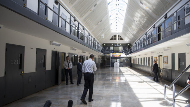 President Obama visited the El Reno Federal Correctional Institution in El Reno, Okla., on Thursday as part of a weeklong focus on inequities in the criminal justice system. While there, he met with non-violent drug offenders. Evan Vucci/AP